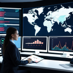 **AI Data Analysis**: Create an image of a futuristic office environment where a data analyst is using advanced AI software on multiple screens to analyze customer behavior. The screens display graphs and predictive analytics related to marketing campaigns.