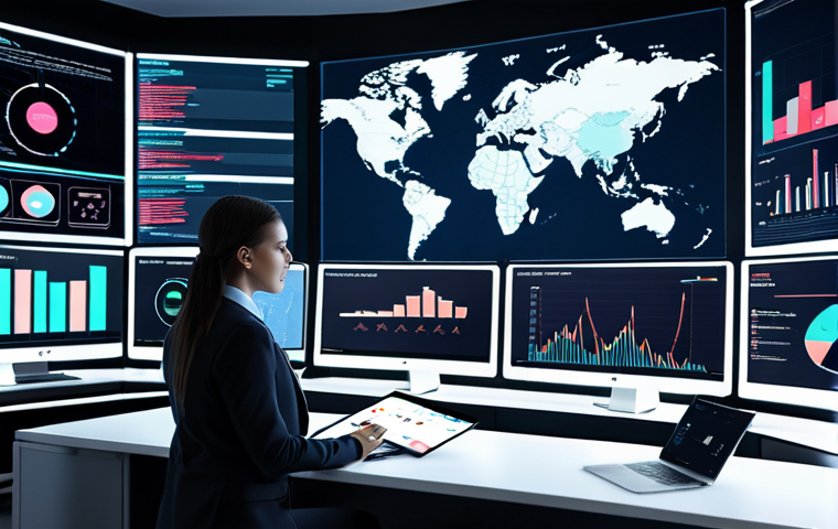 **AI Data Analysis**: Create an image of a futuristic office environment where a data analyst is using advanced AI software on multiple screens to analyze customer behavior. The screens display graphs and predictive analytics related to marketing campaigns.